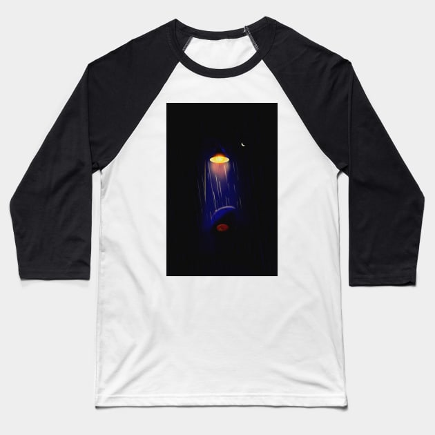 Rainy Day Streetlight Cat Baseball T-Shirt by FullMoon